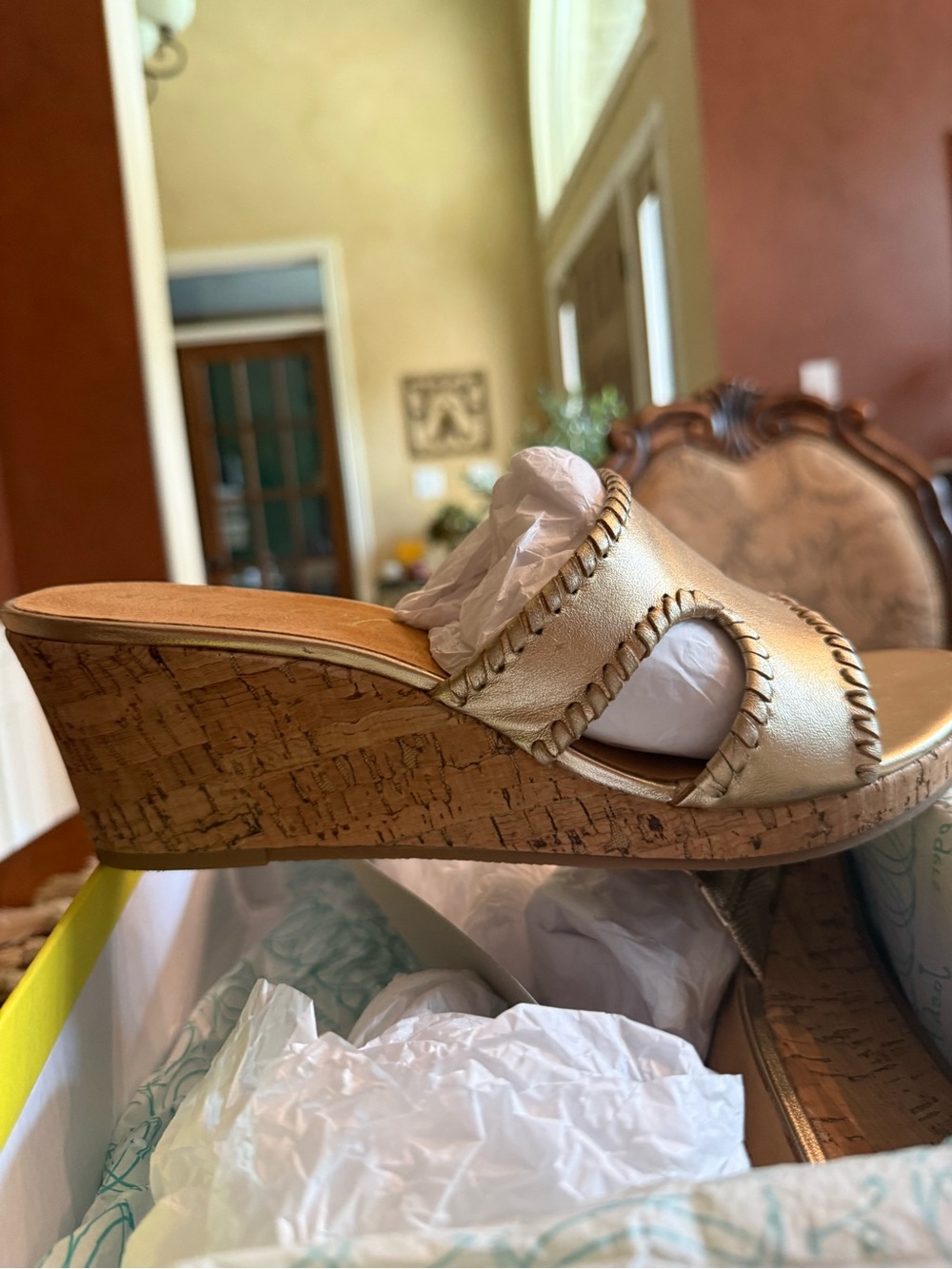 Jack Rogers Sloane Metallic Gold Cork Wedge Slide Sandals